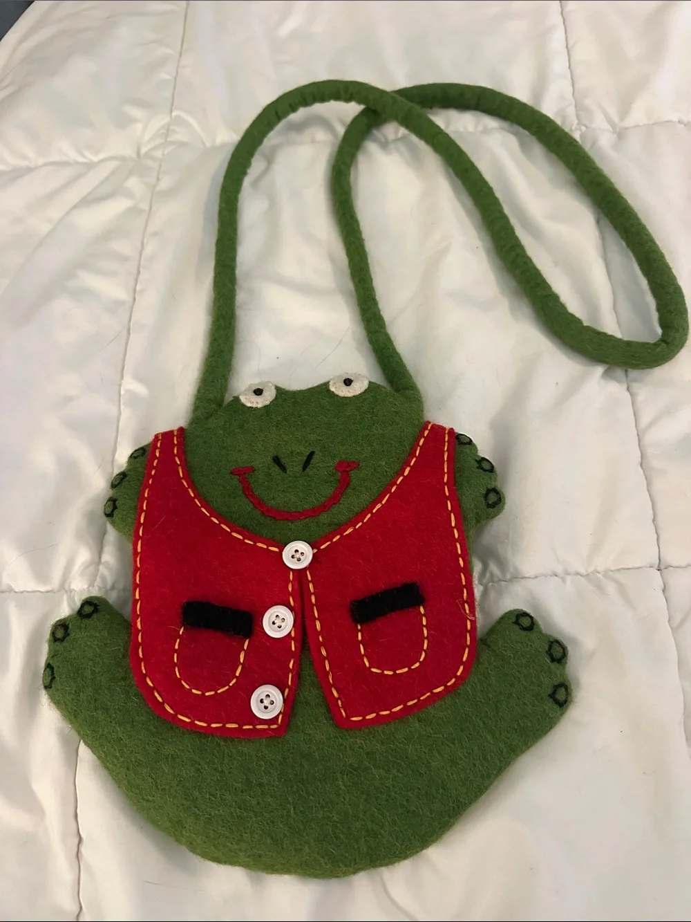 Green Frog Wool Crossbody Bag with Red Vest